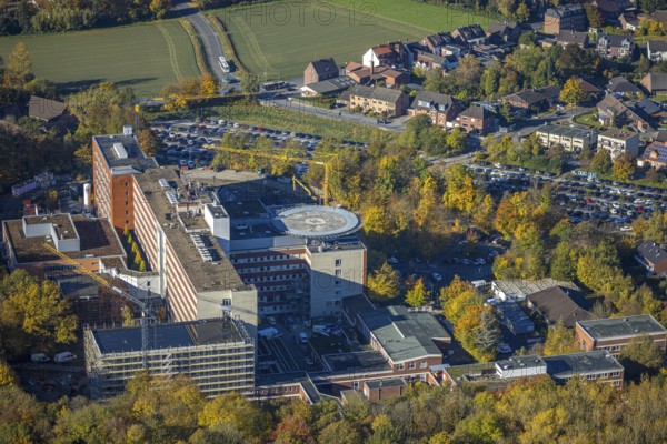 Aerial view, construction site with extension building at the St. Barbara-Klinik Hamm-Heessen in