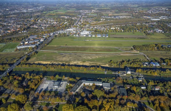 Aerial view, Hamm airfield and water sports centre with Hammonense grammar school on Adenauerallee