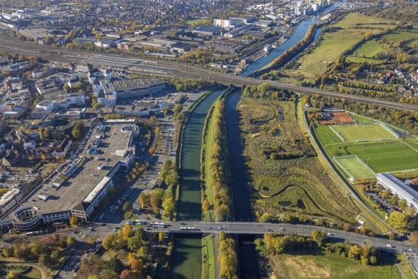 Aerial view, Allee-Center and Lippe floodplain at the Datteln-Hamm canal and river Lippe as well as