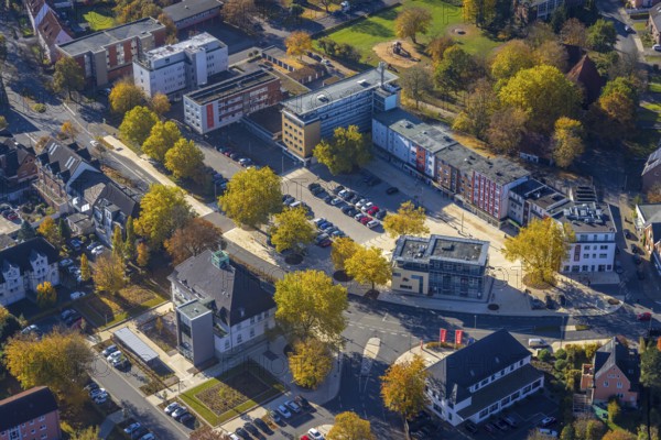 Aerial view, town hall of Heessen on Amtsstraße and redesign of Heessen market in the district of