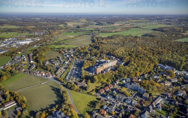 Aerial view, construction site with extension building at the St. Barbara-Klinik Hamm-Heessen in