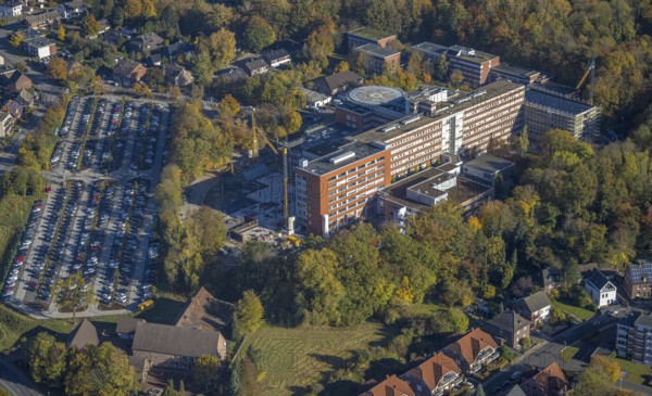 Aerial view, construction site with extension building at the St. Barbara-Klinik Hamm-Heessen in
