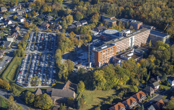Aerial view, construction site with extension building at the St. Barbara-Klinik Hamm-Heessen in