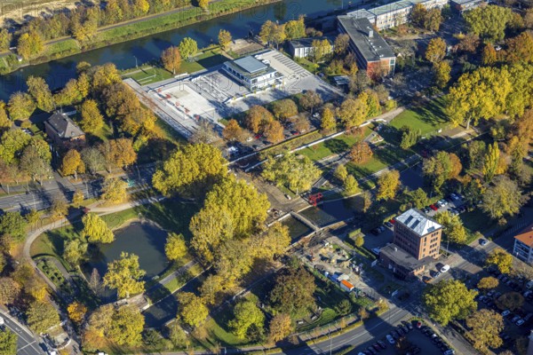 Aerial view, connection between Nordpark and city centre to the water sports centre at the