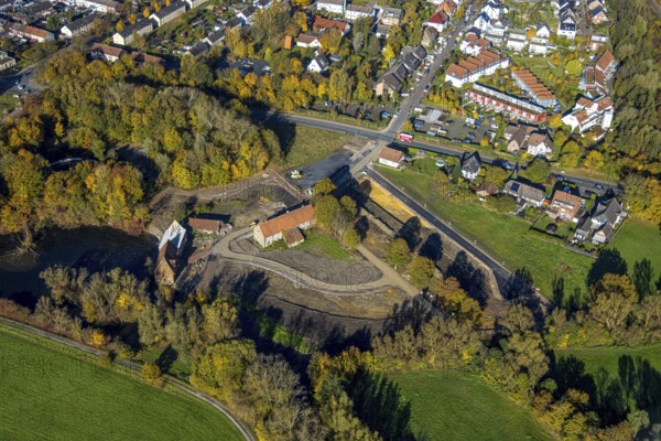 Aerial view, construction site and renovation of the Schlossmühle am Mühlengraben am Mühlenteich in
