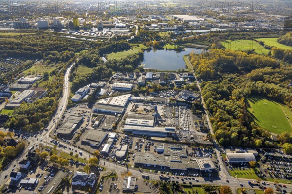 Aerial view, commercial area Hüserstraße at Radbodsee in the district Bockum-Hövel in Hamm, Ruhr