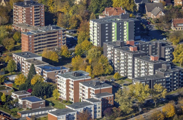 Aerial view, high-rise housing estate Tannhäuser Straße Berliner Straße in the district