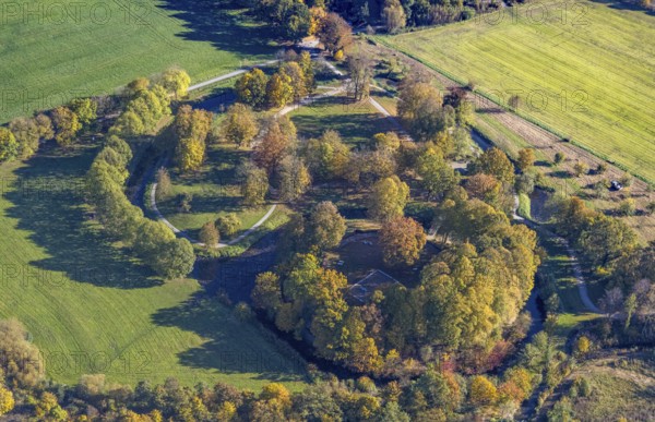 Aerial view, Burghügel Mark surrounded by moats in the district Uentrop in Hamm, Ruhr area, North