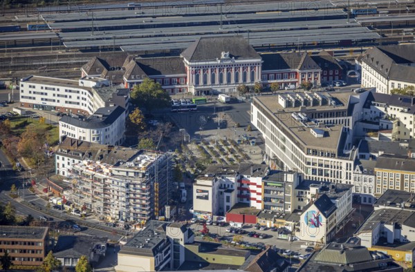 Aerial view, Hamm main station with city centre and construction site with new building at