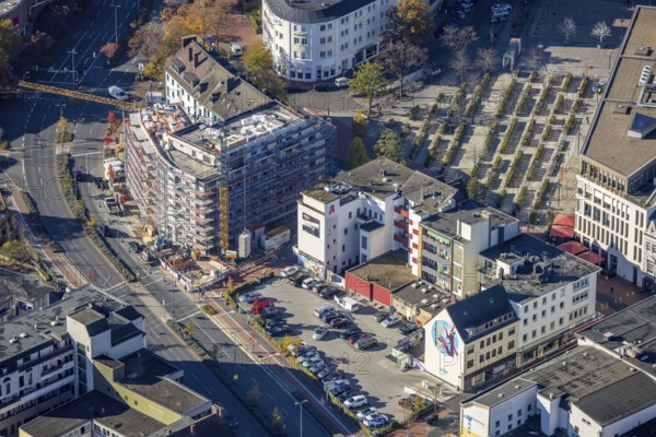 Aerial view, Hamm main station with city centre and construction site with new building at