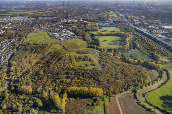 Aerial view, Radbod spoil tip with Radbod spoil tip sign and Alte Lippe in the Bockum-Hövel