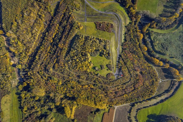 Aerial view, Radbod spoil tip with Radbod spoil tip sign and Alte Lippe in the Bockum-Hövel