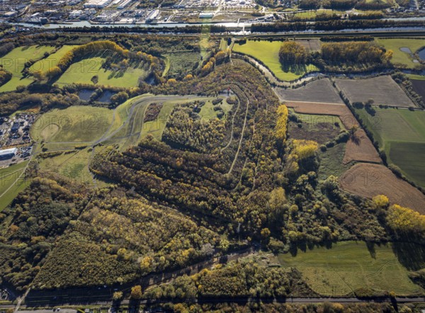 Aerial view, Radbod spoil tip with Radbod spoil tip sign and Alte Lippe in the Bockum-Hövel