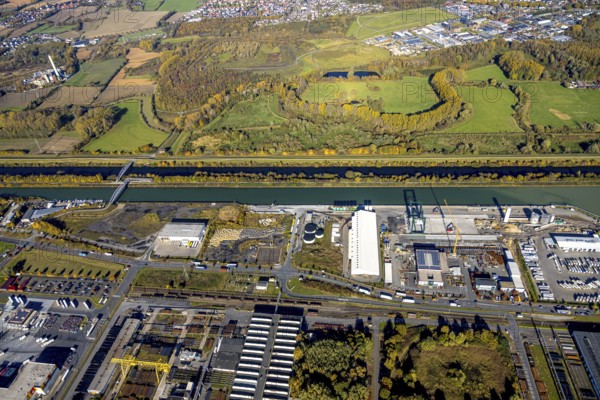 Aerial view, Lanfer Logistik and Maxi Terminal in the harbour and Radbod slagheap with Radbod
