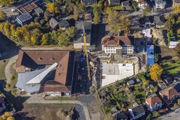 Aerial view, construction site and renovation Arnold-Freymuth-Gesamtschule / Falkschule in the