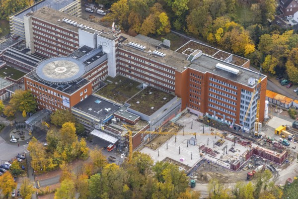 Aerial view, construction site with extension building at the St. Barbara-Klinik Hamm-Heessen in