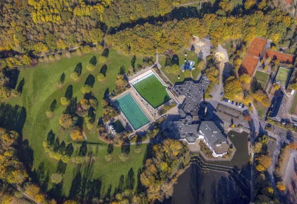 Aerial view, Selbachpark with hotel and swimming pool in the district Pelkum in Hamm, Ruhr area,