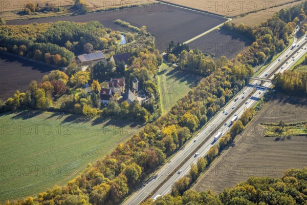 Aerial view, Haus Reck in Lerche on the A1 motorway in the Overberge district of Bergkamen, Ruhr
