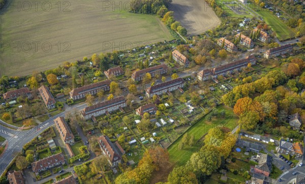 Aerial view, housing estates of the Sachsen colliery on Vogelsang street in the Heessen district of