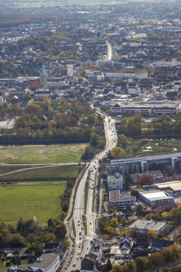 Aerial view, B63 Münsterstraße and Lippeaue as well as city centre view in the district Heessen in