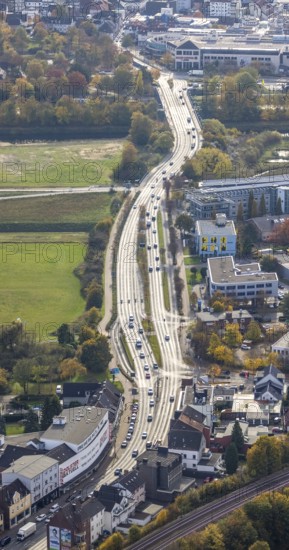 Aerial view, B63 Münsterstraße and Lippeaue in the district Heessen in Hamm, Ruhr area, North