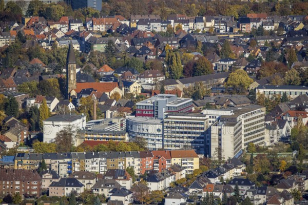 Aerial view, city centre view with Hamm Protestant Hospital and parish of St. Franziskus von Assisi