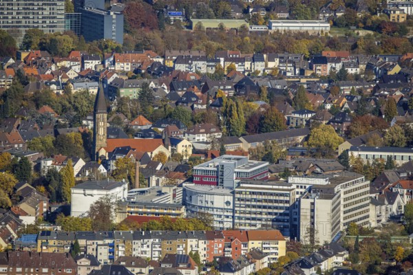 Aerial view, city centre view with Hamm Protestant Hospital and parish of St. Franziskus von Assisi