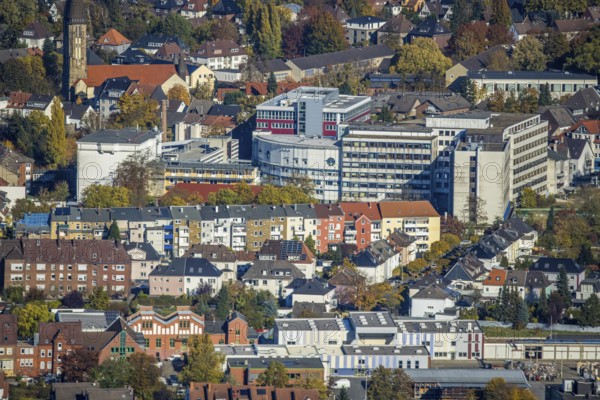 Aerial view, city centre view with Hamm Protestant Hospital and parish of St. Franziskus von Assisi
