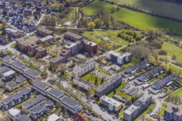 Aerial view, Rheinsberger Platz with high-rise housing estate, urban gardening in the Kornmersch,