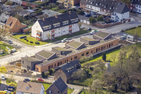 Aerial view, construction site, new building kindergarten Großer Sandweg, Bockum-Hövel, Hamm, Ruhr