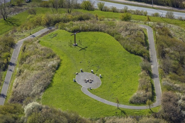 Aerial view, panoramic slagheap with Sachsenkreuz, Heessen, Hamm, Ruhr area, North