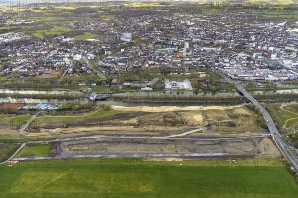 Aerial view, Lippe floodplain experience project, dyke area between city centre and airfield, new