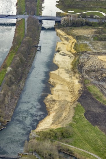 Aerial view, Lippe floodplain experience project, dyke area between city centre and airfield, new