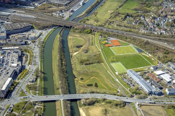 Aerial view, riverside area river Lippe and Datteln-Hamm canal, Hamtec Hammer Technology and