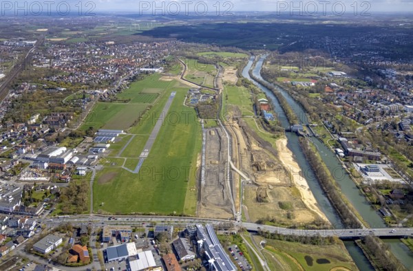 Aerial view, construction area at Jupp-Eickhoff-Weg with river Lippe and Datteln-Hamm canal, Hamm