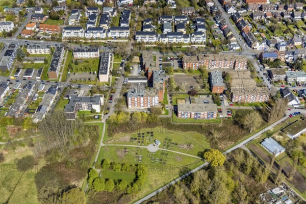 Aerial view, urban gardening in the Kornmersch, Rheinsberger Platz with high-rise housing estate,