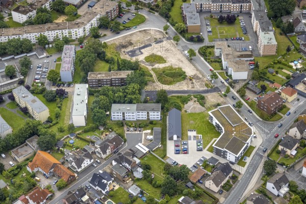 Aerial view, construction area and new build flats Waldenburger Straße, urban renewal area,