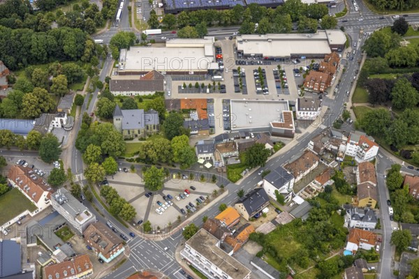 Aerial view, local shopping centre Dortmunder Straße, Evangelical St. Victor Church, Fangstraße,