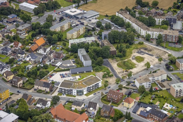 Aerial view, construction area and new build flats Waldenburger Straße, urban renewal area,