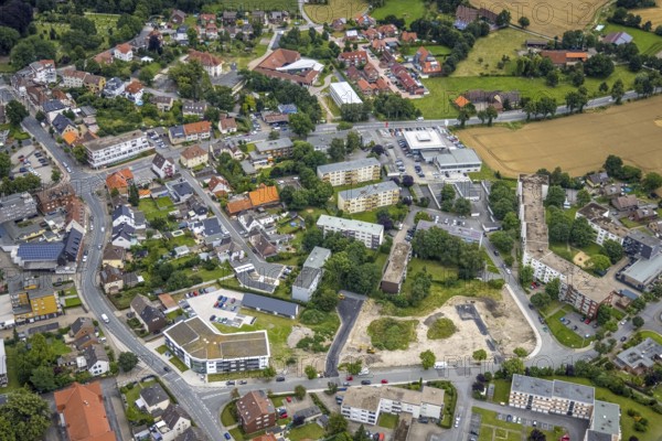 Aerial view, construction area and new build flats Waldenburger Straße, urban renewal area,