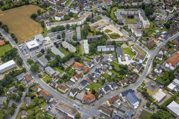Aerial view, construction area and new build flats Waldenburger Straße, urban renewal area,