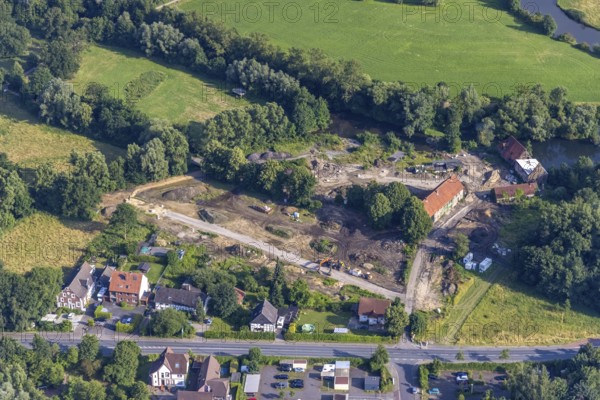 Aerial view, construction site for housing at the Schlossmühle am Mühlenteich, Heessen, Hamm, Ruhr