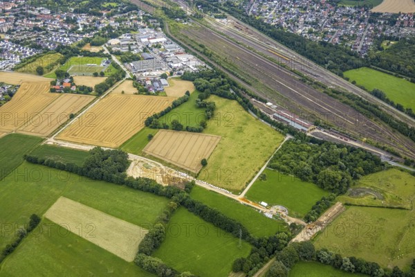 Aerial view, meadows and fields and construction site Wiescher Bach, Pelkum, Hamm, Ruhr area, North