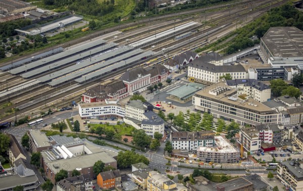 Aerial view, Hamm Westf. Main station, B&B Hotel, construction site and new residential building on