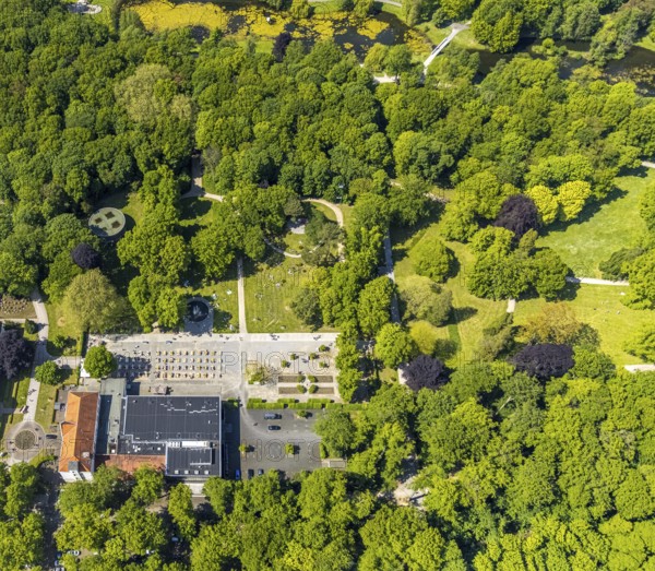 Aerial view of the spa hotel Hamm, spa hotel Bad Hamm, largest beer garden in Hamm, next to the