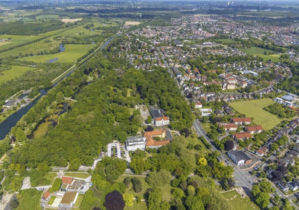 Aerial view of the spa hotel Hamm, spa hotel Bad Hamm, largest beer garden in Hamm, next to the