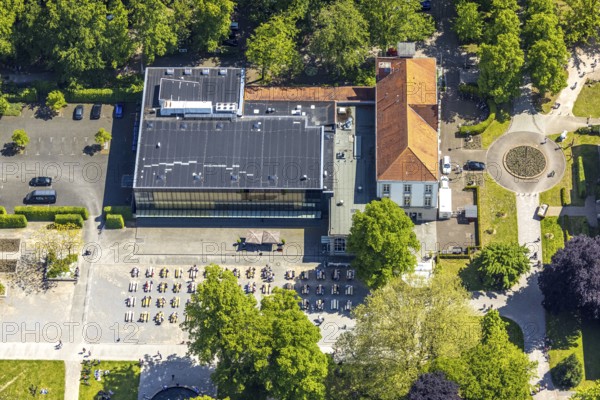 Aerial view of the spa hotel Hamm, spa hotel Bad Hamm, largest beer garden in Hamm, next to the