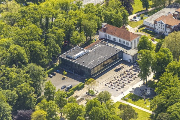 Aerial view of the spa hotel Hamm, spa hotel Bad Hamm, largest beer garden in Hamm, next to the