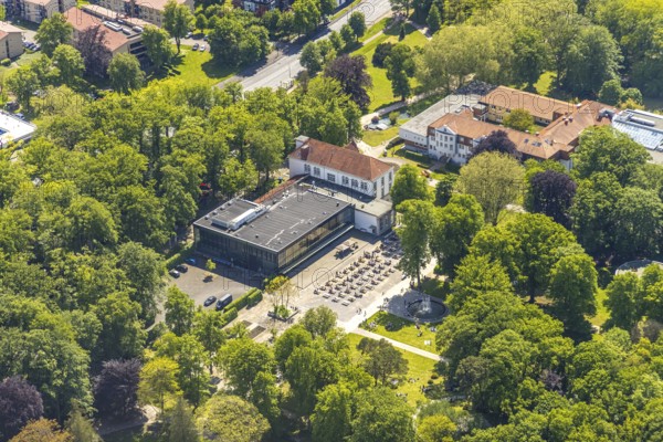 Aerial view of the spa hotel Hamm, spa hotel Bad Hamm, largest beer garden in Hamm, next to the