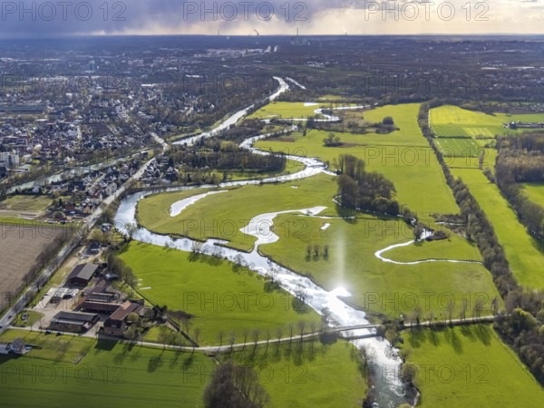 Aerial view, river Lippe in the Lippe floodplains, Datteln-Hamm canal, Heessen, Hamm, Ruhr area,